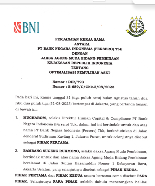 Cover PERJANJIAN KERJA SAMA ANTARA PT BANK NEGARA INDONESIA (PERSERO) Tbk. DENGAN JAKSA AGUNG MUDA BIDANG PEMBINAAN KEJAKSAAN REPUBLIK INDONESIA TENTANG OPTIMALISASI PEMULIHAN ASET