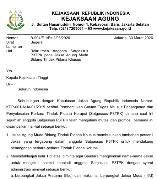 Cover REKRUTMEN ANGGOTA SATGASUS P3TPK PADA JAKSA AGUNG MUDA BIDANG TINDAK PIDANA KHUSUS