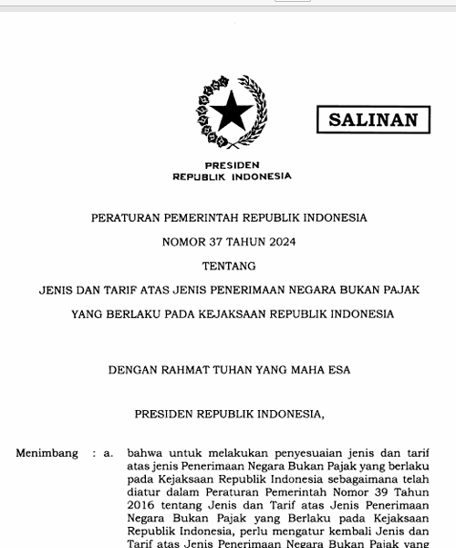 Cover Jenis dan Tarif atas Jenis Penerimaan Negara Bukan Pajak yang Berlaku pada Kejaksaan Republik Indonesia