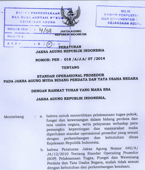 Cover STANDAR OPERASIONAL PROSEDUR PADA JAKSA AGUNG MUDA BIDANG PERDATA DAN TATA USAHA NEGARA