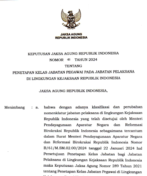 Cover PENETAPAN KELAS JABATAN PEGAWAI PADA JABATAN PELAKSANA DI LINGKUNGAN KEJAKSAAN REPUBLIK INDONESIA