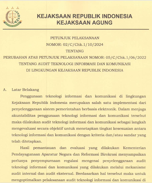 Cover PERUBAHAN ATAS PETUNJUK PELAKSANAAN NOMOR 05-C-Chk.1-06-2022 AUDIT TEKNOLOGI INFORMASI DAN KOMUNIKASI DI LINGKUNGAN KEJAKSAAN RI