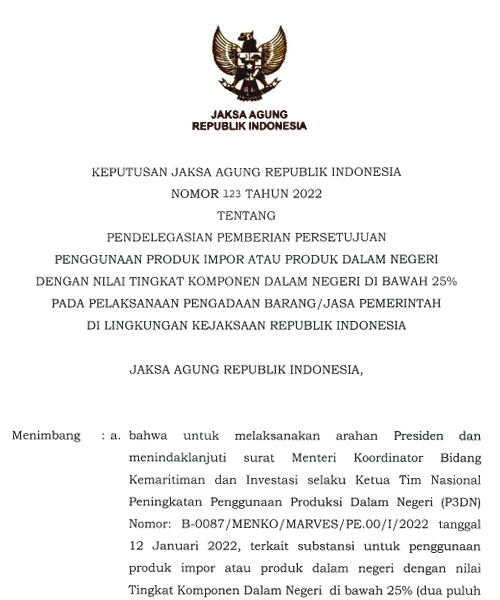 Cover PENDELEGASIAN PEMBERIAN PERSETUJUAN PENGGUNAAN PRODUK IMPOR ATAU PRODUK DALAM NEGERI DENGAN NILAI TINGKAT KOMPONEN DALAM NEGERI DI BAWAH 25 PERSEN PADA PELAKSANAAN PENGADAAN BARANG JASA PEMERINTAH