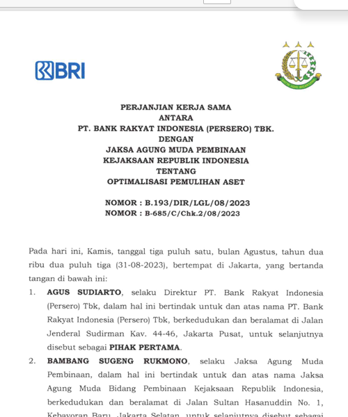 Cover PERJANJIAN KERJA SAMA ANTARA PT BANK RAKYAT INDONESIA (PERSERO) Tbk DENGAN JAKSA AGUNG MUDA PEMBINAAN KEJAKSAAN REPUBLIK INDONESIA TENTANG OPTIMALISASI PEMULIHAN ASET