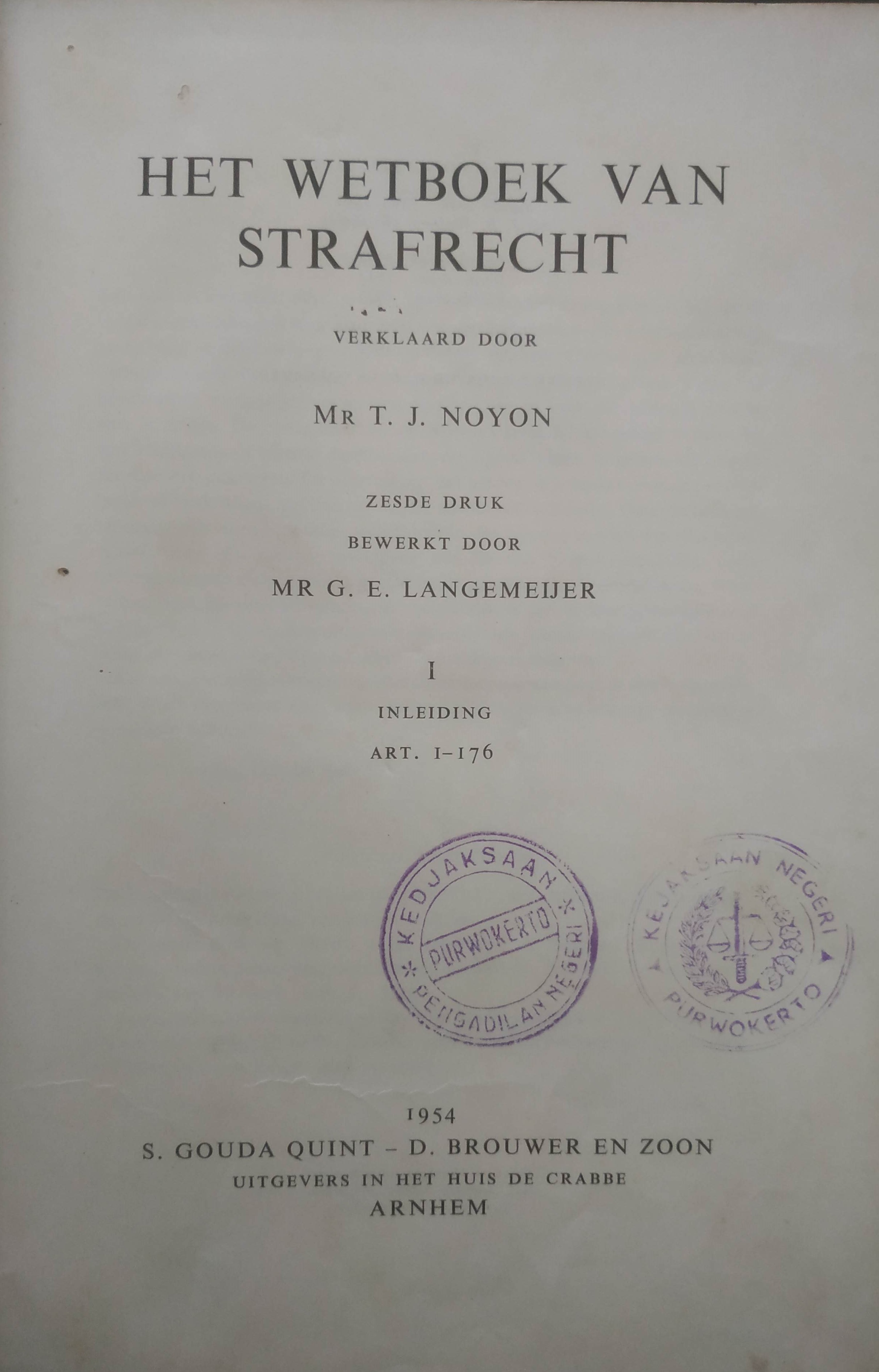 Cover Het Wetboek Van Strafrecht 1954 I Inleiding Art 1-176.