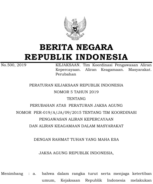 Cover Perubahan Atas Peraturan Jaksa Agung Nomor PER-019/A/JA/09/2015 Tentang Tim Koordinasi Pengawasan Aliran Kepercayaan Dan Aliran Keagamaan Dalam Masyarakat