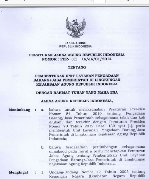 Cover PEMBENTUKAN UNIT LAYANAN PENGADAAN BARANG ATAU JASA PEMERINTAH DI LINGKUNGAN KEJAKSAAN AGUNG REPUBLIK INDONESIA