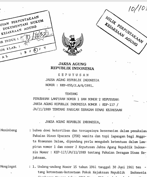 Cover PERUBAHAN LAMPIRAN NOMOR 1 DAN NOMOR 2 KEPJA NOMOR KEP-117/J.A/11/1989 TENTANG PAKAIAN DINAS KEJAKSAAN