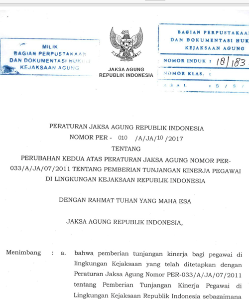 Cover PERUBAHAN KEDUA ATAS PERATURAN JAKSA AGUNG NOMOR  PER-033/A/JA/07/2011 TENTANG PEMBERIAN TUNJANGAN KINERJA PEGAWAI DI LINGKUNGAN REPUBLIK INDONESIA
