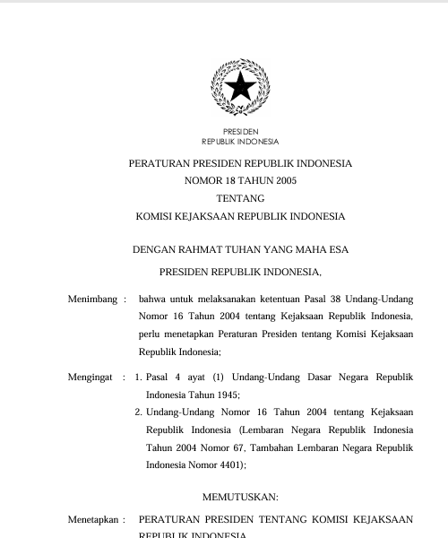 Cover Peraturan Presiden No.18 th. 2005 ttg.Komisi Kejaksaan RI