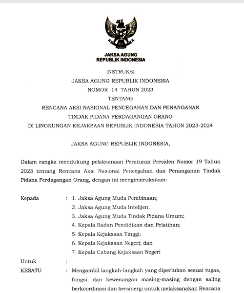 Cover RENCANA AKSI NASIONAL PENCEGAHAN DAN PENANGANAN TINDAK PIDANA PERDAGANGAN ORANG DILINGKUNGAN KEJAKSAAN REPUBLIK INDONESIA 2023-2024