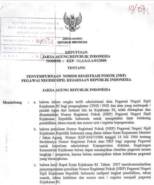 Cover PENYEMPURNAAN NOMOR REGISTRASI POKOK (NRP) PEGAWAI NEGERI SIPIL KEJAKSAAN REPUBLIK INDONESIA