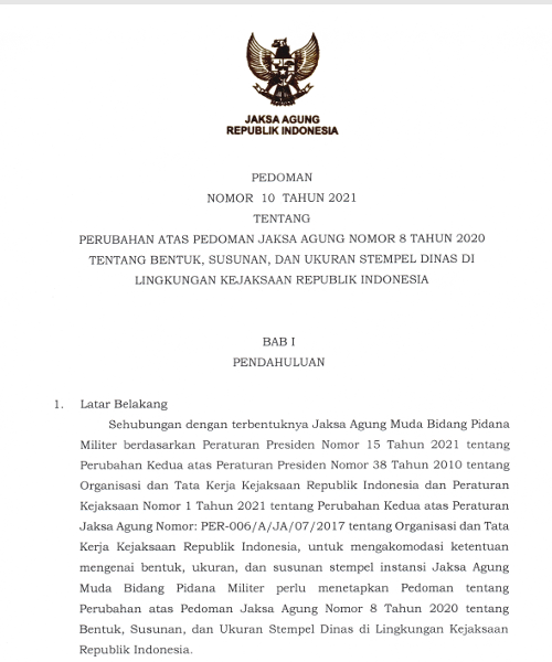 Cover PERUBAHAN ATAS PEDOMAN JAKSA AGUNG NOMOR 8 TAHUN 2020 TENTANG BENTUK, SUSUNAN, DAN UKURAN STEMPEL DINAS DI LINGKUNGAN KEJAKSAAN REPUBLIK INDONESIA