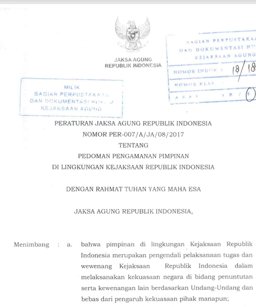 Cover PEDOMAN PENGAMANAN PIMPINAN DI LINGKUNGAN KEJAKSAAN REPUBLIK INDONESIA