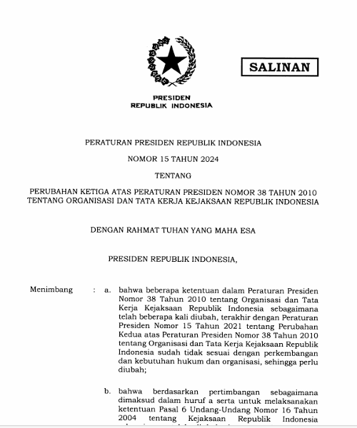 Cover PERUBAHAN KETIGA ATAS PERATURAN PRESIDEN NOMOR 38 TAHUN 2010 TENTANG ORGANISASI DAN TATA KERJA KEJAKSAAN REPUBLIK INDONESIA