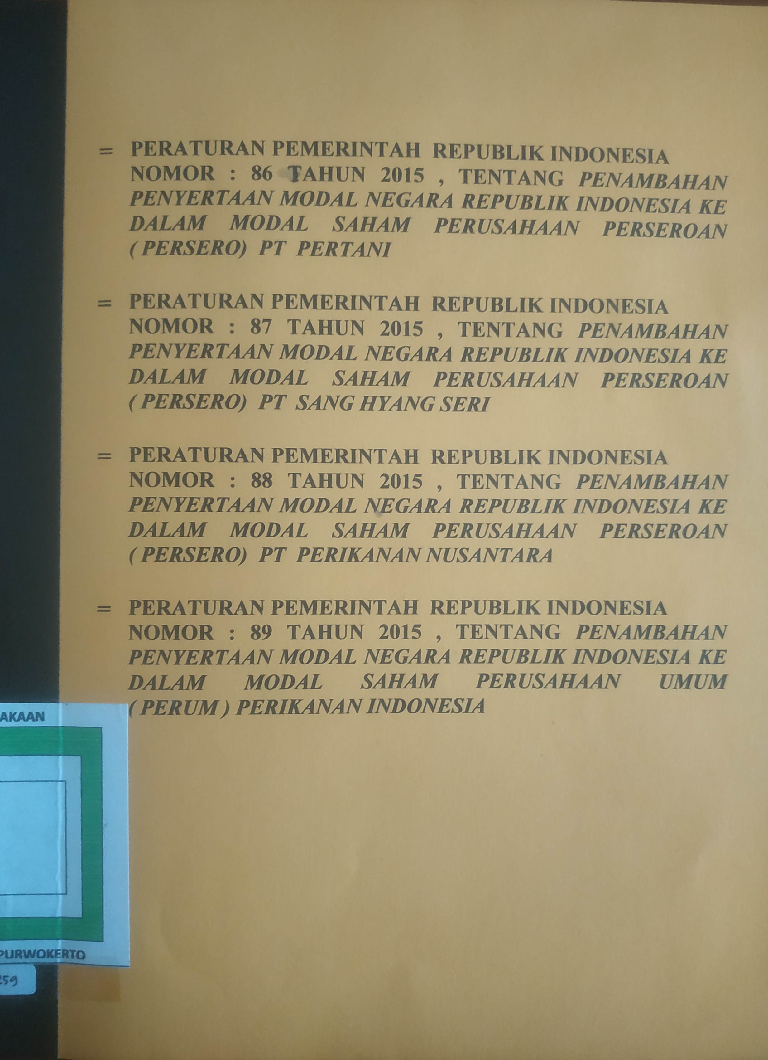 Cover Penambahan Penyertaan Modal Negara Republik Indonesia Kedalam Saham  Perseroan (Persero) PT. Pertani, Perseroan (Persero) PT. Sang Hyang Seri, Perseroan (Persero) PT. Perikanan Nusantara, Perseroan  (Persero) PT. Perikanan Indonesia
