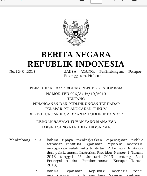 Cover PENANGANAN DAN PERLINDUNGAN TERHADAP PELAPOR PELANGGARAN HUKUM DI LINGKUNGAN KEJAKSAAN REPUBLIK INDONESIA