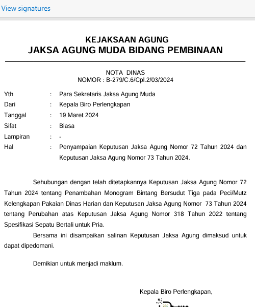 Cover PERUBAHAN ATAS KEPUTUSAN JAKSA AGUNG NOMOR 318 TAHUN 2022 TENTANG SPESIFIKASI SEPATU BERTALI UNTUK PRIA