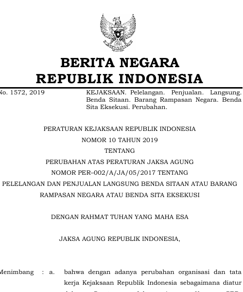 Cover Perubahan Atas Peraturan Jaksa Agung Nomor PER-002/A/JA/05/2017 Tentang Pelelangan Dan Penjualan Langsung Benda Sitaan Atau Barang Rampasan Negara Atau Benda Sita Eksekusi