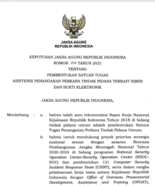 Cover PEMBENTUKAN SATUAN TUGAS ASISTENSI PENANGANANPERKARA TINDAK PIDANA TERKAIT SIBER DAN BUKTI ELEKTRONIK