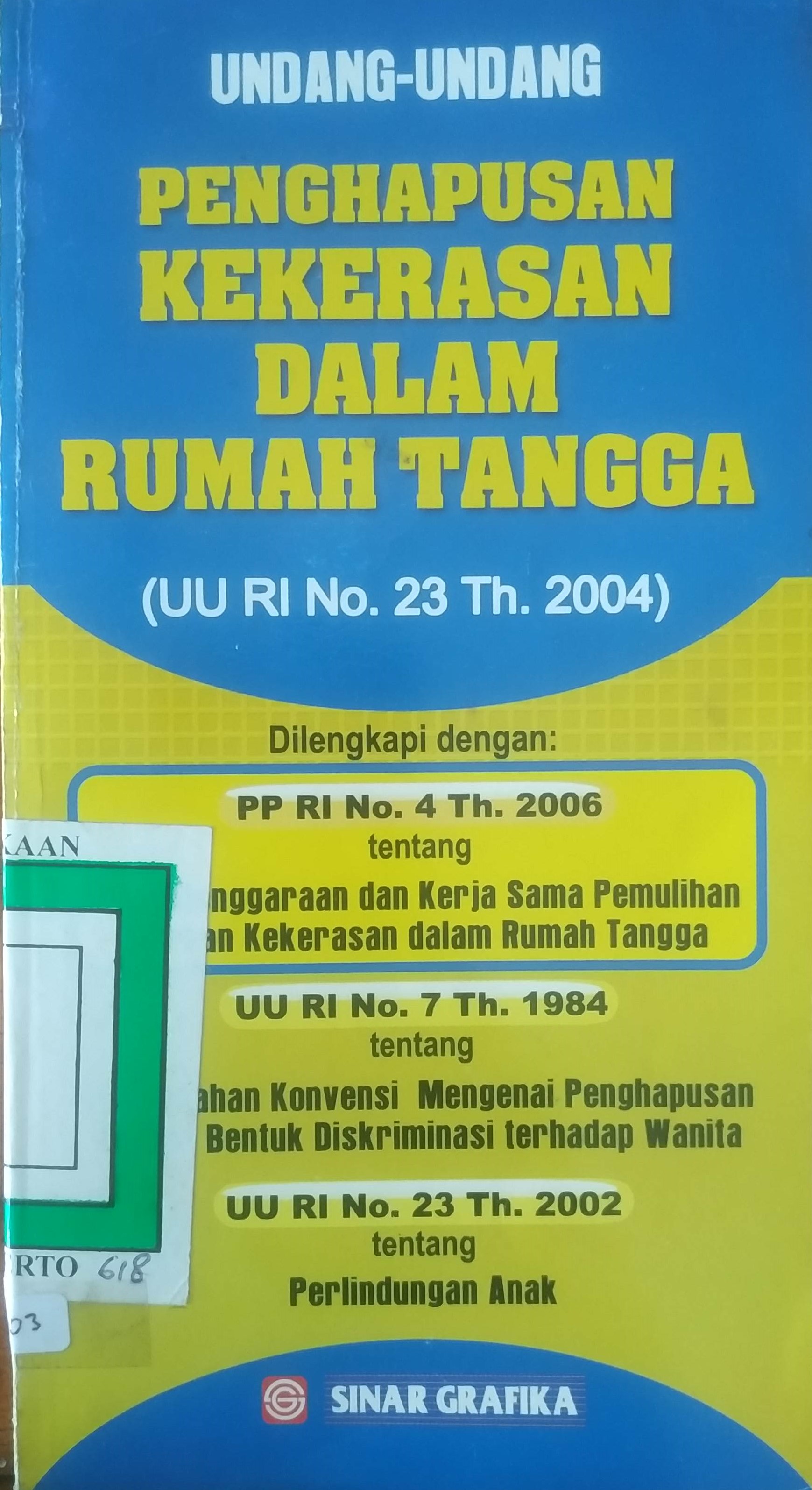 Cover UURI No. 23 tahun 2004 tentang Penghapusan Kekerasan dalam rumah tangga.