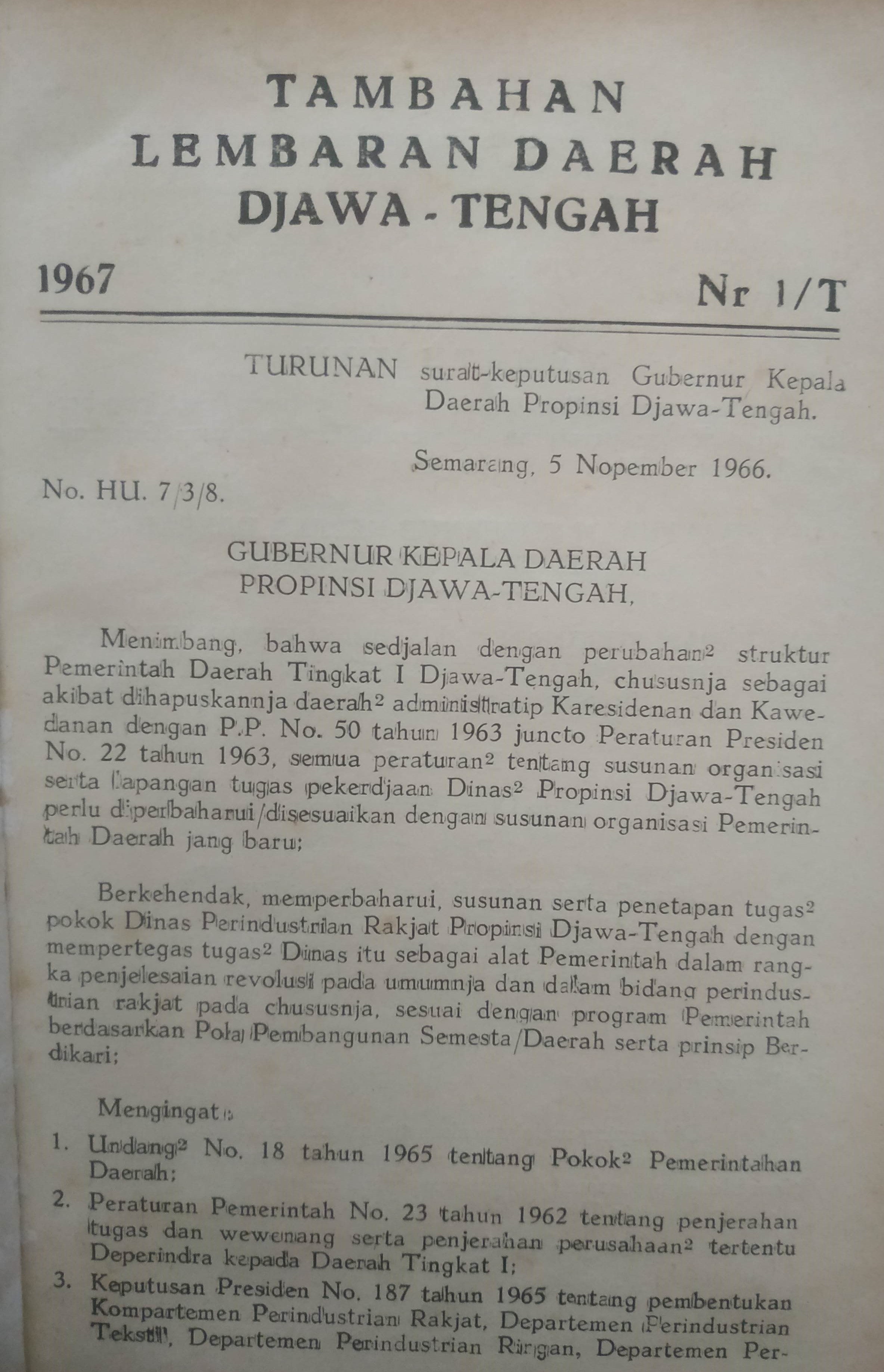 Cover Lembaran Daerah Jawa Tengah
Tahun 1967 No. 1/T
