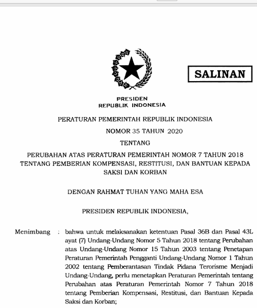 Cover Perubahan atas Peraturan Pemerintah Nomor 7 Tahun 2018 Pemberian Kompensasi, Restitusi, dan Bantuan kepada Saksi dan Korban