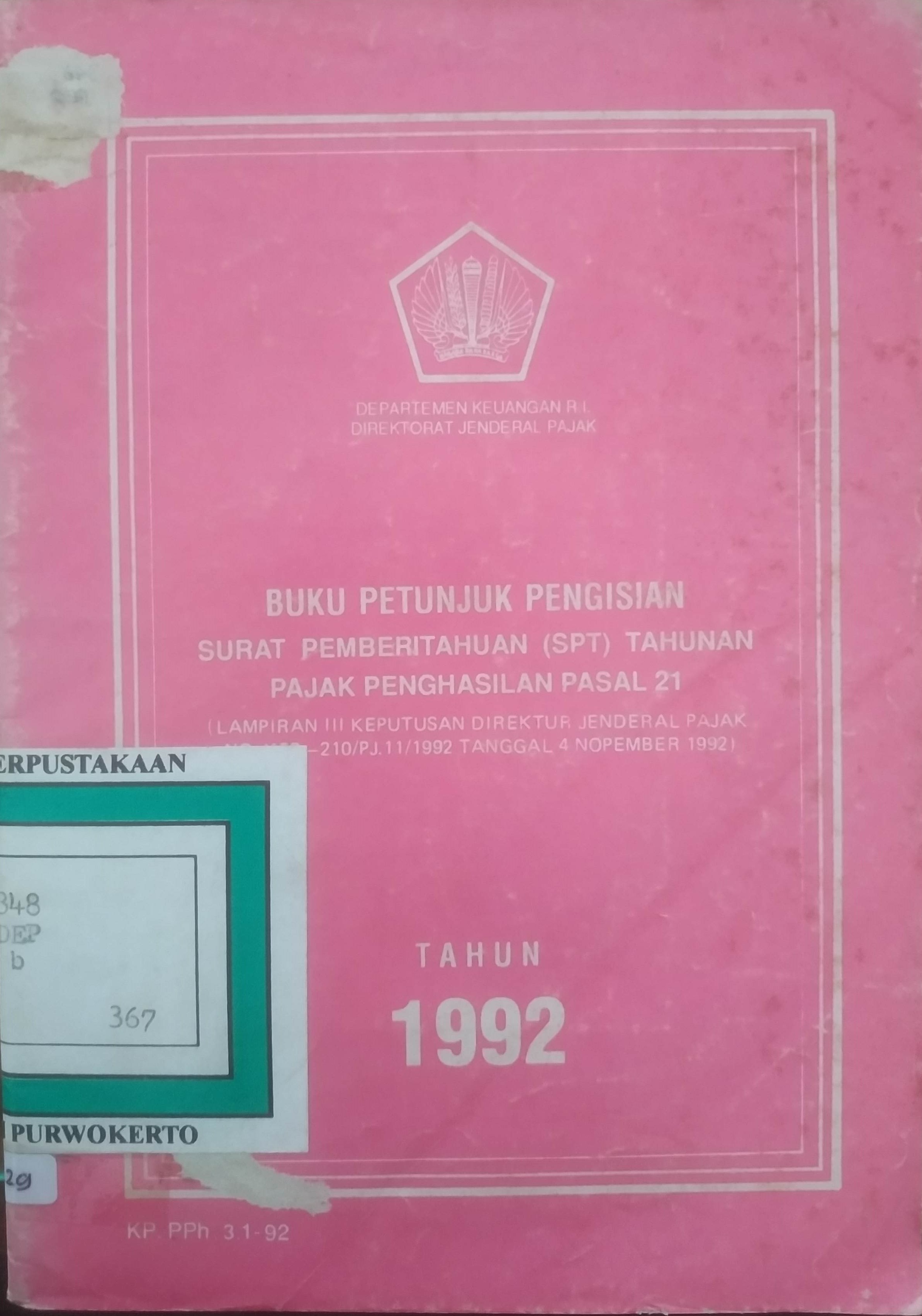 Cover Buku petunjuk pengisian SPT Pajak penghasilan Pasal 21 Tahun 1992.