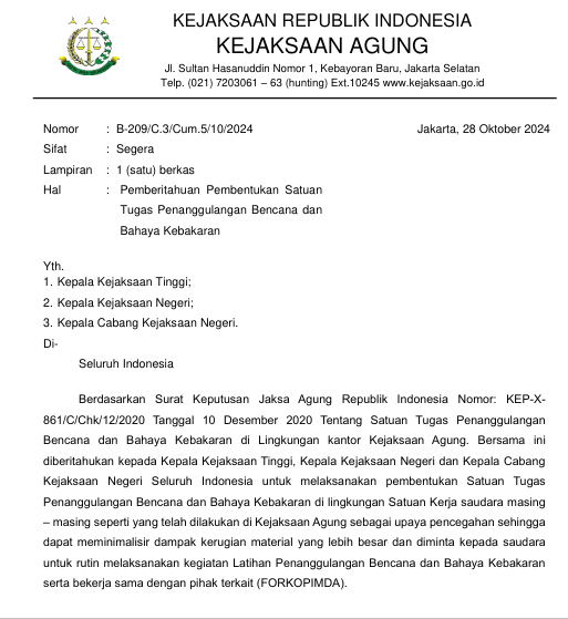 Cover PEMBERITAHUAN PEMBENTUKAN SATUAN TUGAS PENANGGULANGAN BENCANA DAN BAHAYA KEBAKARAN