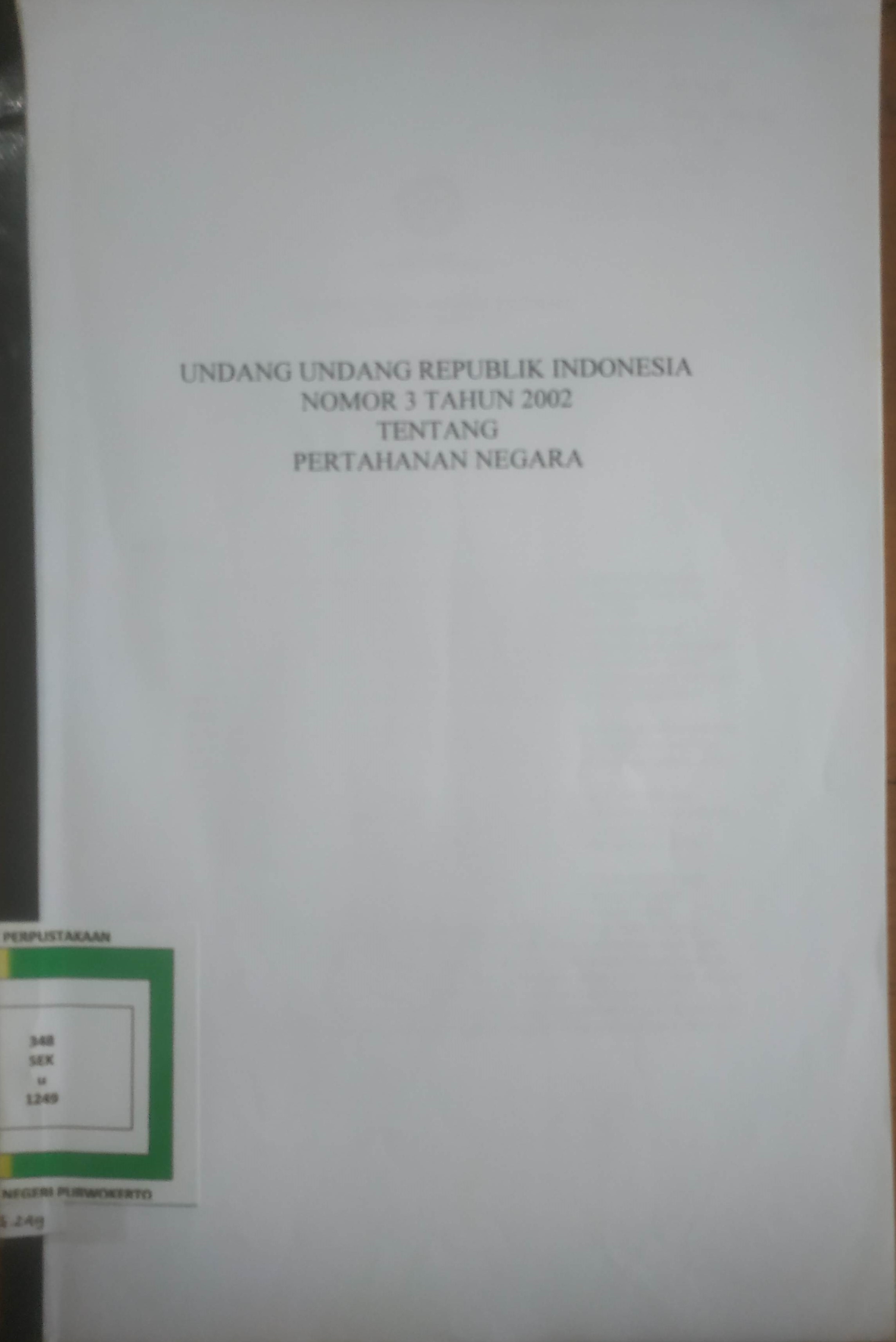 Cover Undang undang Republik Indonesia No. 3 tahun 2002  tentang Pertahanan Negara 