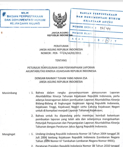 Cover PETUNJUK PENYUSUNAN DAN PENYAMPAIAN LAPORAN AKUNTABILITAS KINERJA KEJAKSAAN REPUBLIK INDONESIA