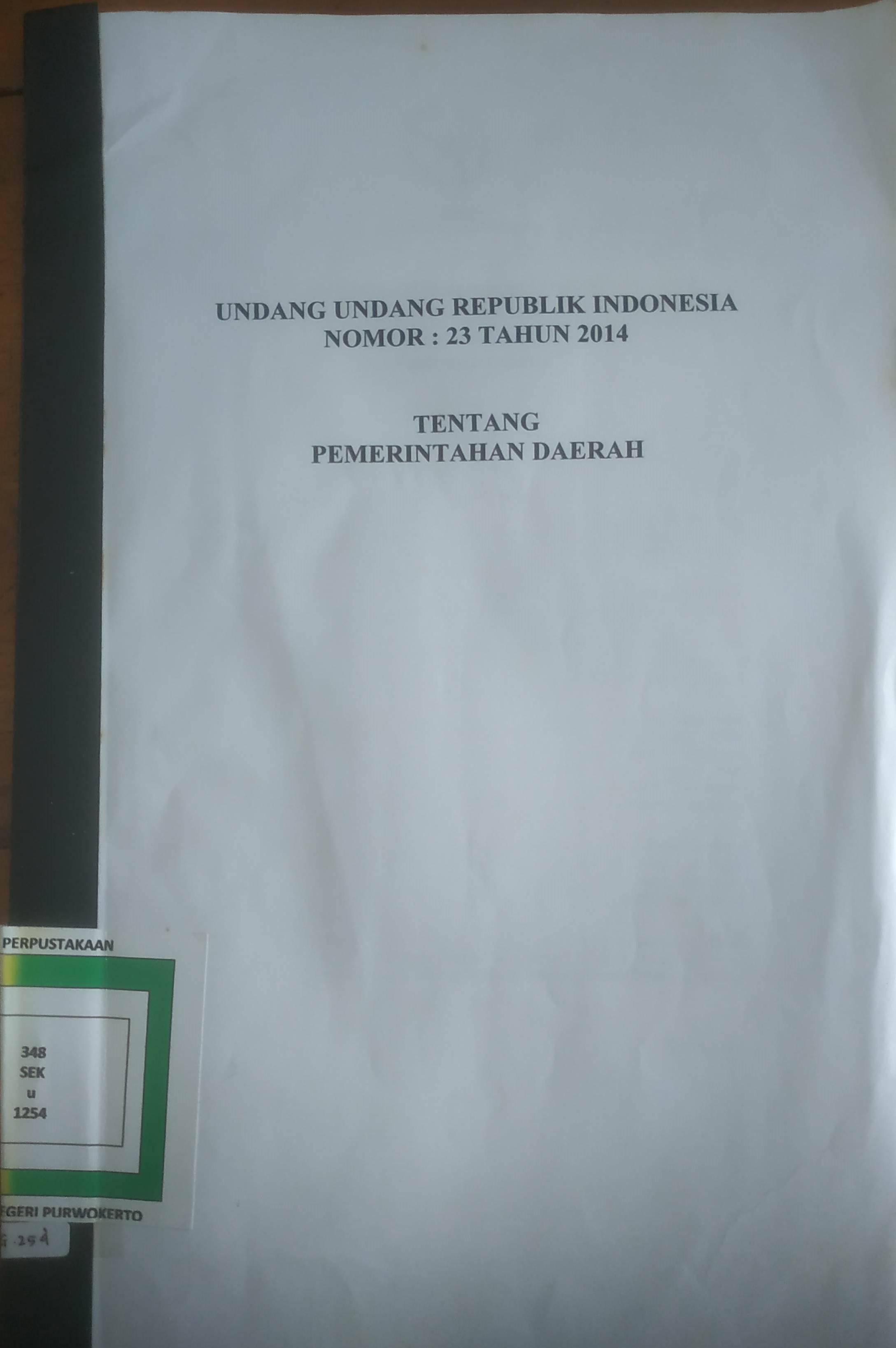 Cover Undang undang Republik Indonesia No. 23 tahun 2014  ttg. Pemerintahan Daerah.