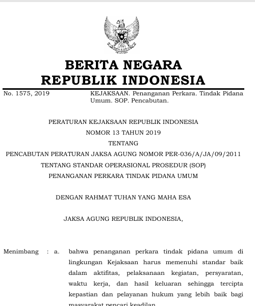 Cover PENCABUTAN PERATURAN JAKSA AGUNG NOMOR PER-036/A/JA/09/2011 TENTANG STANDAR OPERASIONAL PROSEDUR PENANGANAN PERKARA TINDAK PIDANA UMUM