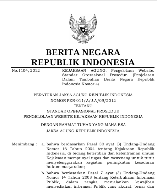 Cover STANDAR OPERASIONAL PROSEDUR PENGELOLAAN WEBSITE KEJAKSAAN REPUBLIK INDONESIA