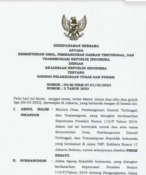 Cover KESEPAHAMAN BERSAMA ANTARA KEMENTERIAN DESA, PEMBANGUNAN DAERAH TERTINGGAL, DAN TRANSMIGRASI RI DENGAN KEJAKSAAN RI TENTANG SINERGI PELAKSANAAN TUGAS DAN FUNGSI
