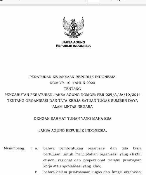 Cover PENCABUTAN PERATURAN JAKSA AGUNG NOMOR  PER-029/A/JA/10/2014 TENTANG ORGANISASI DAN TATA KERJA SATUAN TUGAS SUMBER DAYA ALAM LINTAS NEGARA