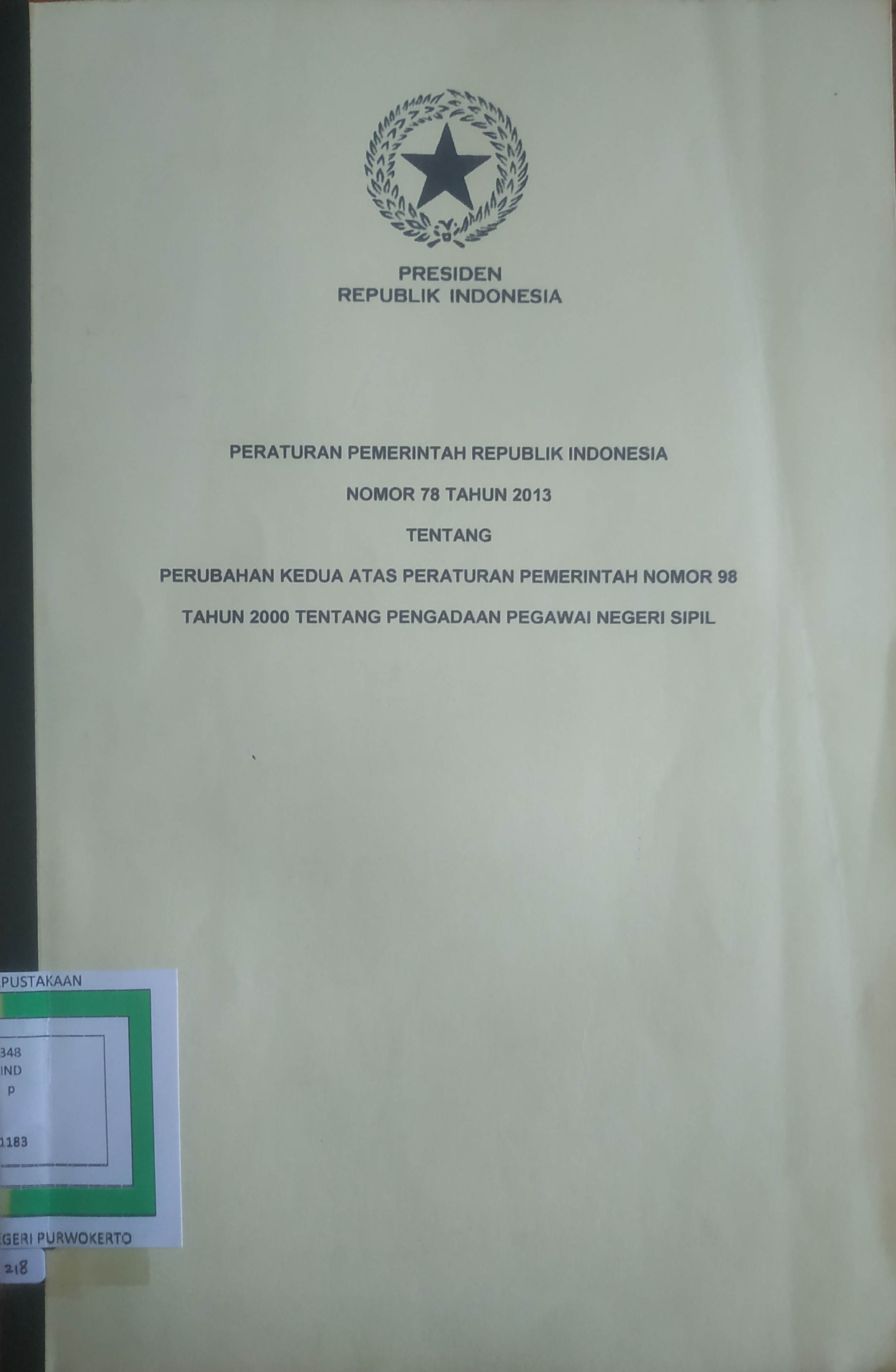Cover Peraturan Pemerintah Republik Indonesia No. 78 tahun 2013 tentang Perubahan kedua atas Peraturan Pemerintah No. 98 tahun 2000 tentang Pengadaan Pegawai Negeri Sipil