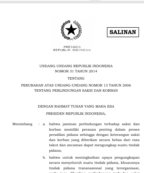 Cover Perubahan atas Undang-Undang Nomor 13 Tahun 2006 Perlindungan Saksi dan Korban