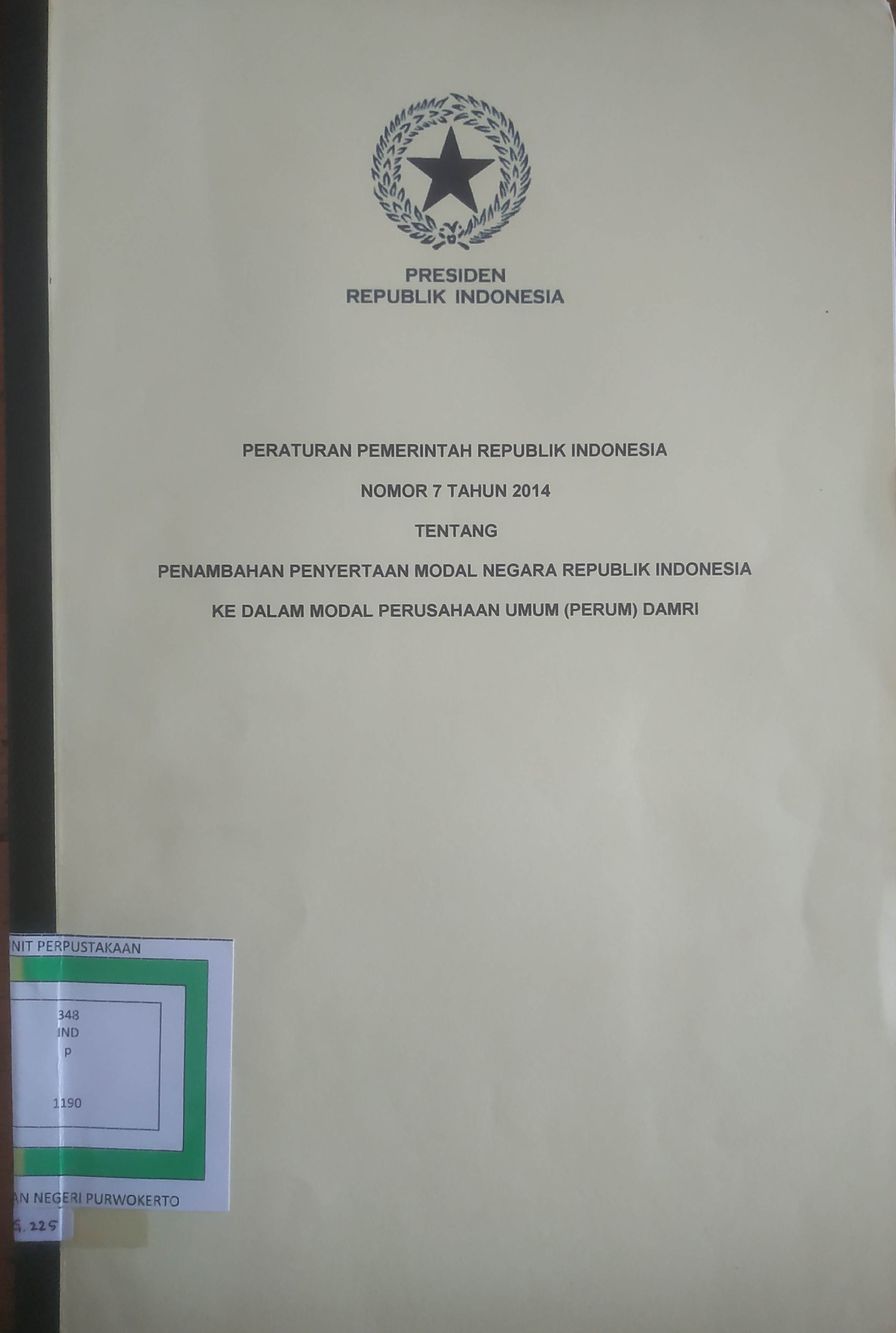 Cover Peraturan Pemerintah Republik Indonesia No. 7 tahun 2014 tentang Penambahan Penyertaan Modal Negara Republik Indonesia Kedalam Modal Perusahaan Umum (Perum) Damri