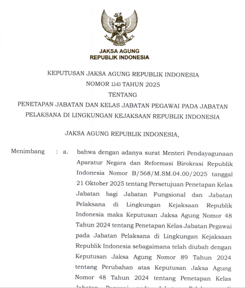 Cover PENETAPAN JABATAN DAN KELAS JABATAN PADA JABATAN PELAKSANA DI LINGKUNGAN KEJAKSAAN RI
