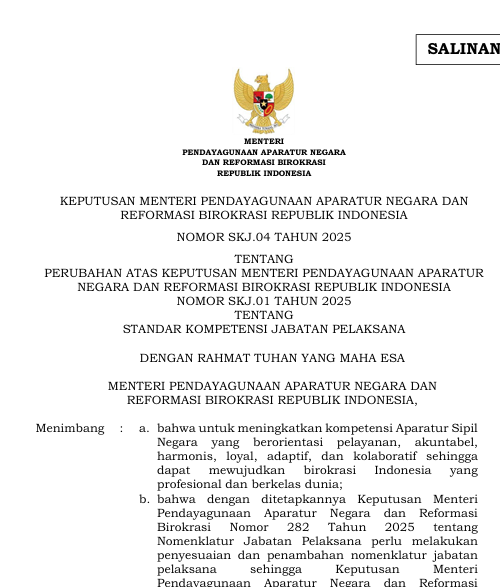 Cover Perubahan atas Keputusan Menteri Pendayagunaan Aparatur Negara dan Reformasi Birokrasi Nomor SKJ.01 Tahun 2025 tentang Standar Kompetensi Jabatan Pelaksana