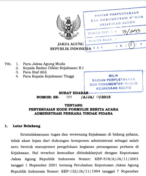 Cover PENYESUAIAN KODE FORMULIR BERITA ACARA ADMINISTRASI PERKARA TINDAK PIDANA