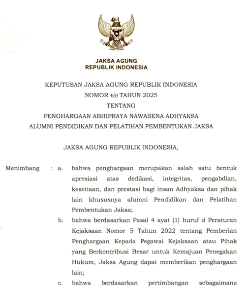 Cover PENGHARGAAN ABHIPRAYA NAWASENA ADHYAKSA ALUMNI PENDIDIKAN DAN PELATIHAN PEMBENTUKAN JAKSA