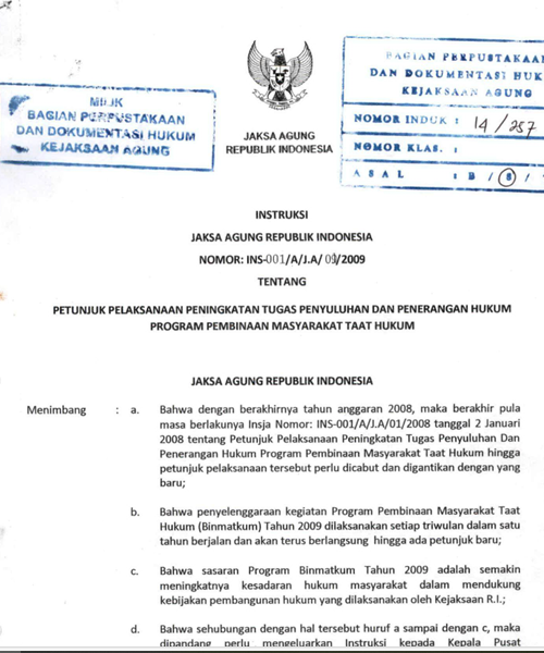 Cover PETUNJUK PELAKSANAAN PENINGKATAN TUGAS PENYULUHAN DAN PENERANGAN HUKUM PROGRAM PEMBINAAN MASYARAKAT TAAT HUKUM