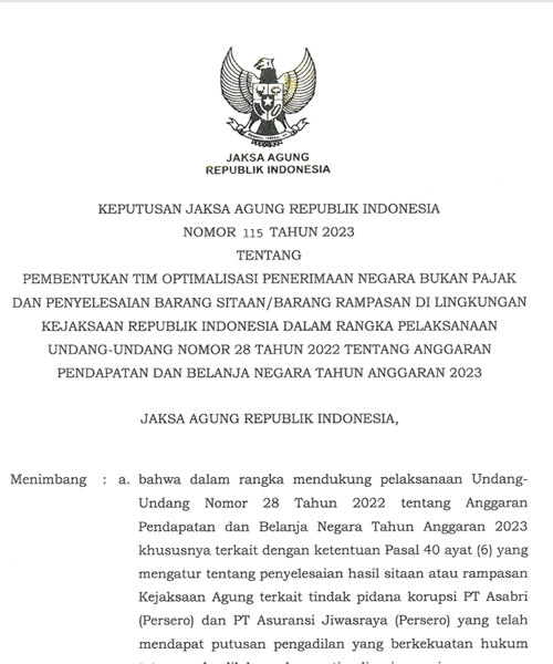 Cover PEMBENTUKAN TIM OPTIMALISASI PENERIMAAN NEGARA BUKAN PAJAK DAN PENYELESAIAN BARANG SITAAN BARANG RAMPASAN