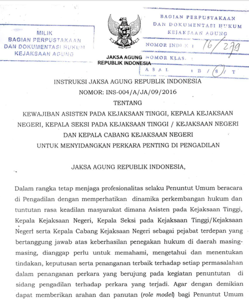 Cover KEWAJIBAN ASISTEN PADA KEJAKSAAN TINGGI, KEPALA KEJAKSAAN NEGERI, KEPALA SEKSI PADA KEJAKSAAN TINGGI ATAU KEJAKSAAN NEGERI DAN KEPALA CABANG KEJAKSAAN NEGERI UNTUK MENYIDANGKAN PERKARA PENTING DI PENGADILAN