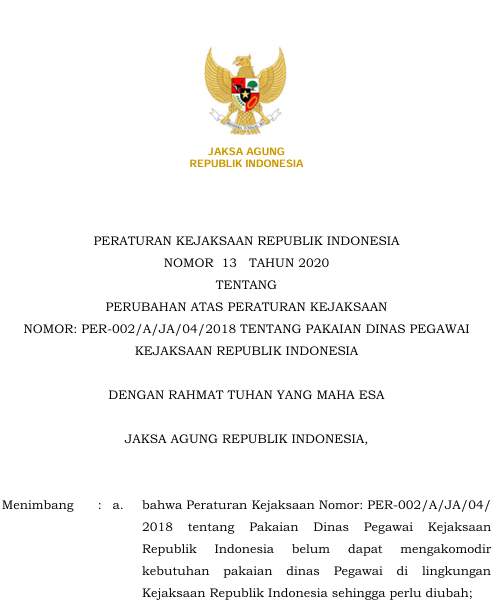Cover Perubahan Atas Peraturan Kejaksaan Nomor PER-002/A/JA/04/2018 Tentang Pakaian Dinas Pegawai Kejaksaan Republik Indonesia