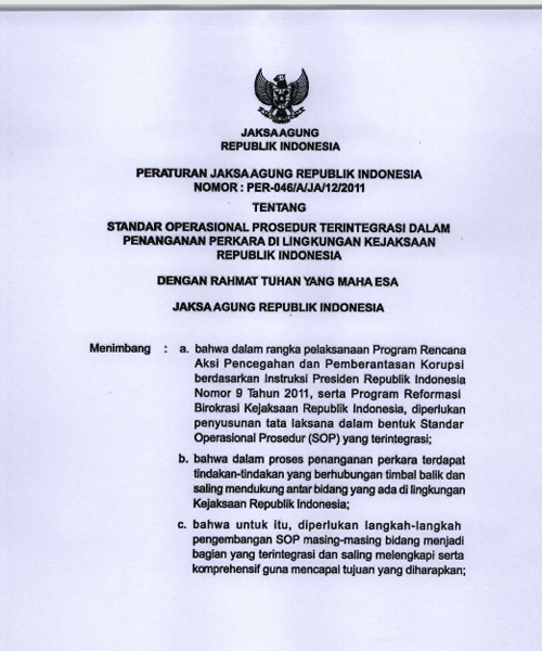 Cover STANDAR OPERASIONAL PROSEDUR TERINTEGRASI DALAM PENANGANAN PERKARA DI LINGKUNGAN KEJAKSAAN REPUBLIK INDONESIA