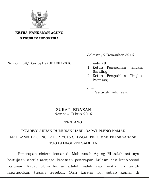 Cover Pemberlakuan Rumusan Hasil Rapat Pleno Kamar Mahkamah Agung Tahun 2016 sebagai Pedoman Pelaksanaan Tugas bagi Pengadilan