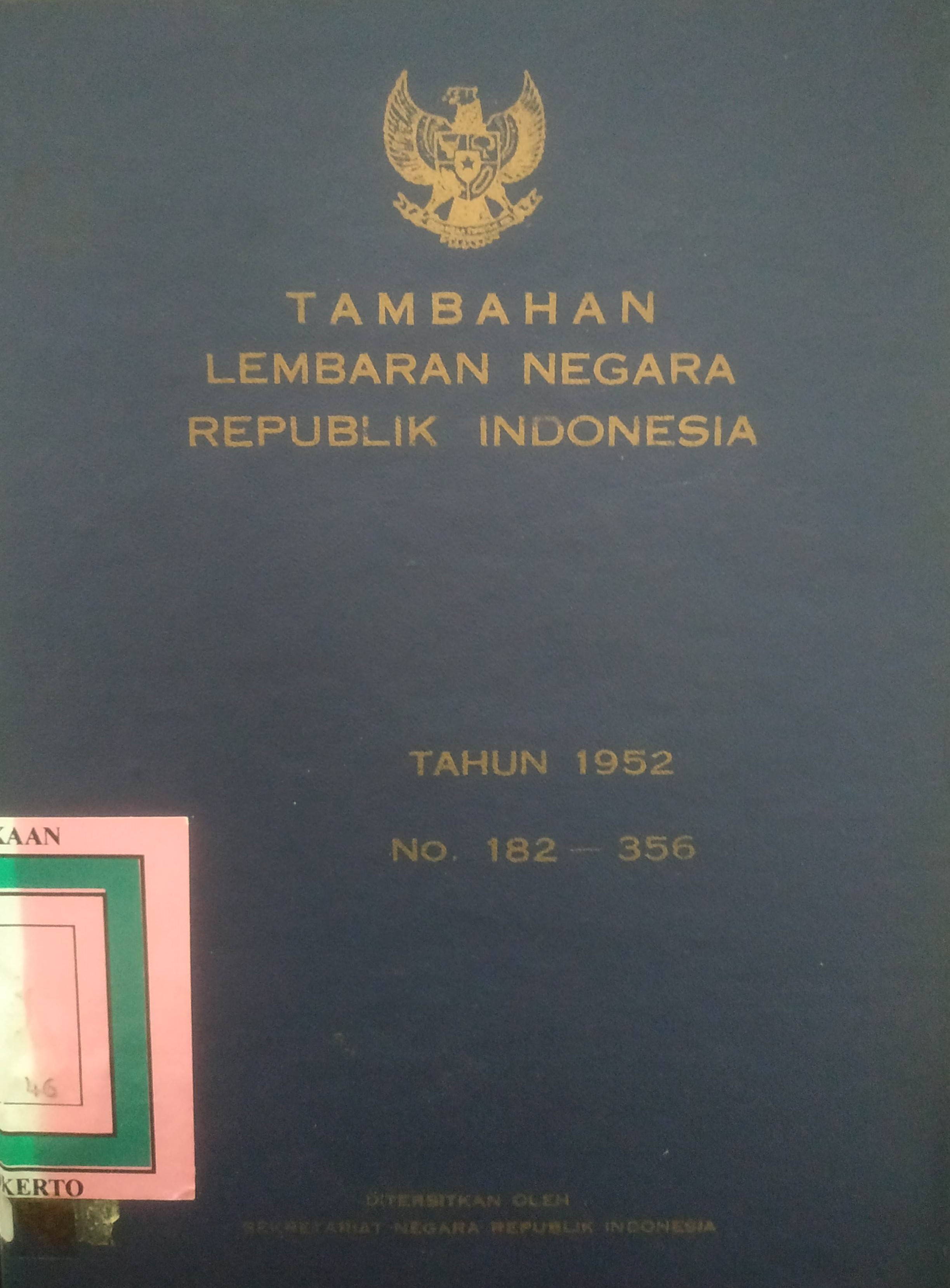 Cover Tambahan Lembaran Negera Tahun 1952 No. 182-356